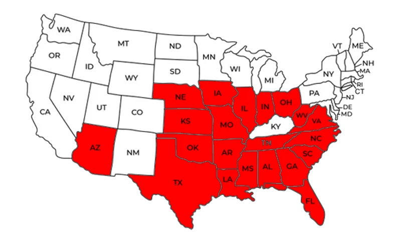 map of US with 21 states in the midwest, south and east coast highlighted